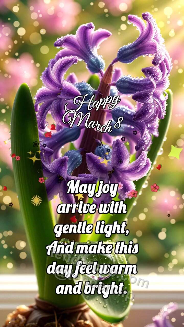 Animated greeting card about Happy March 8: Hyacinth Cluster Wakes Drop