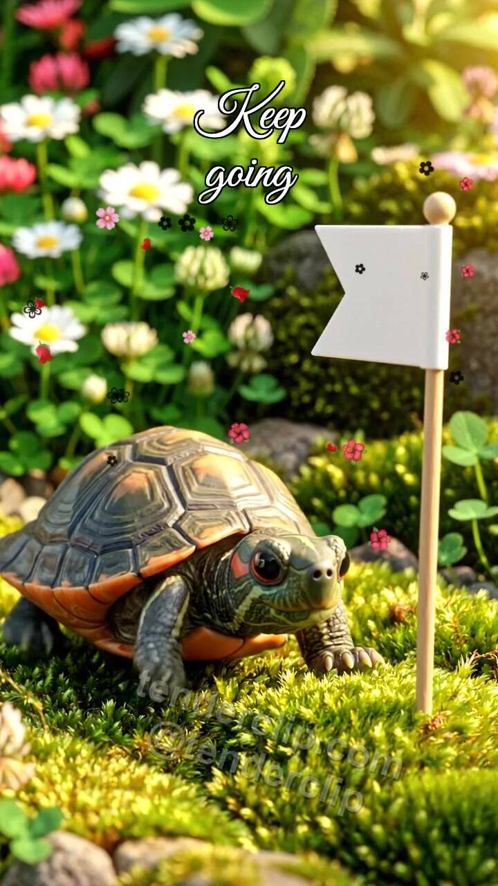 Animated greeting card about Keep going: turtle reaches the flag
