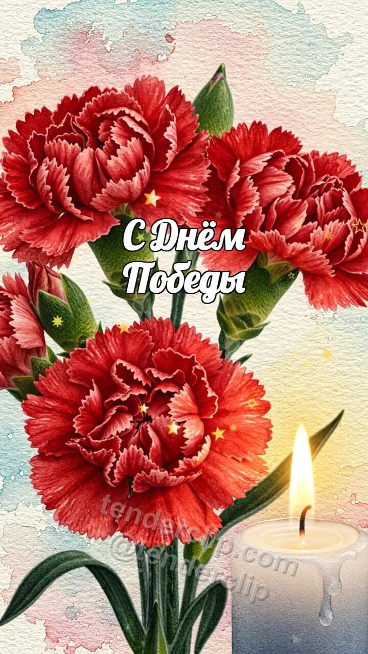Анимационная открытка на тему С Днём Победы: гвоздики ложатся у тёплой свечи