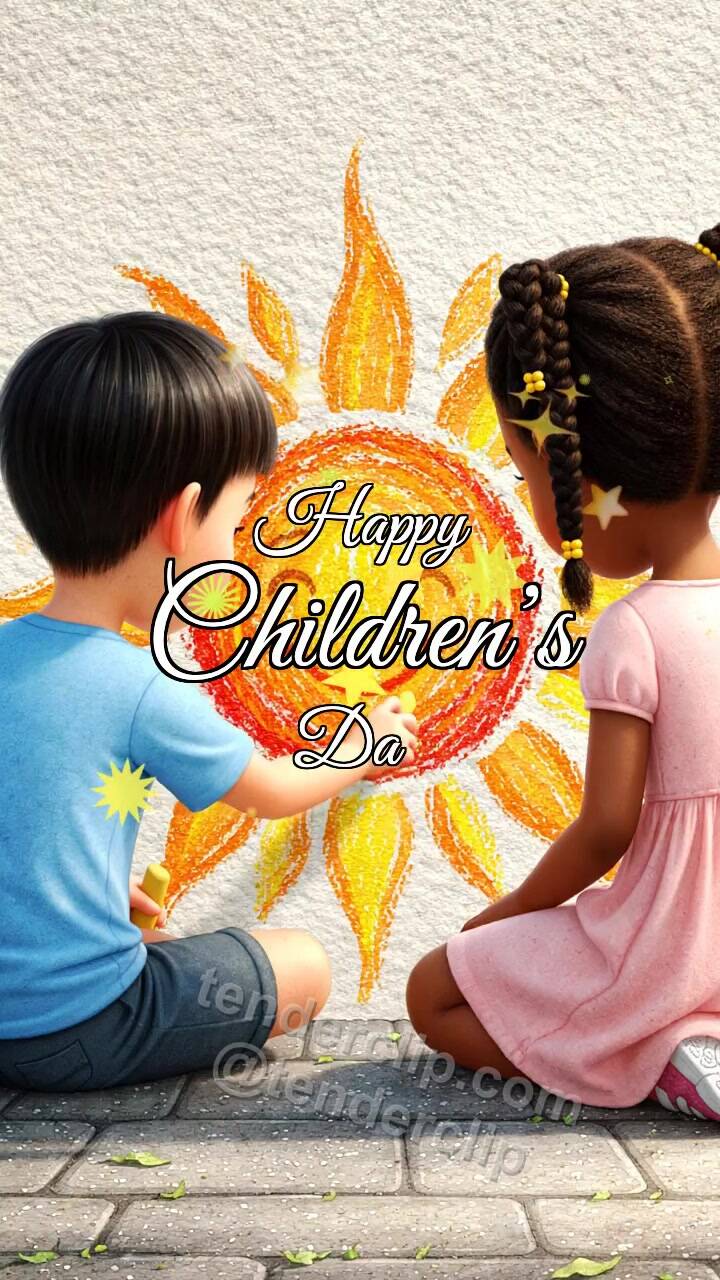 Animated greeting card about Happy Children’s Day: children draw a chalk sun
