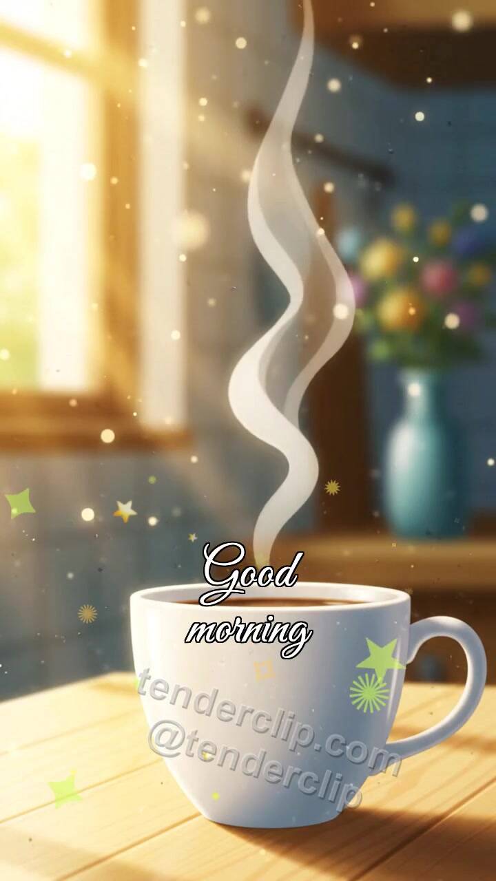 Animated greeting card about Good morning: coffee steam draws a smile