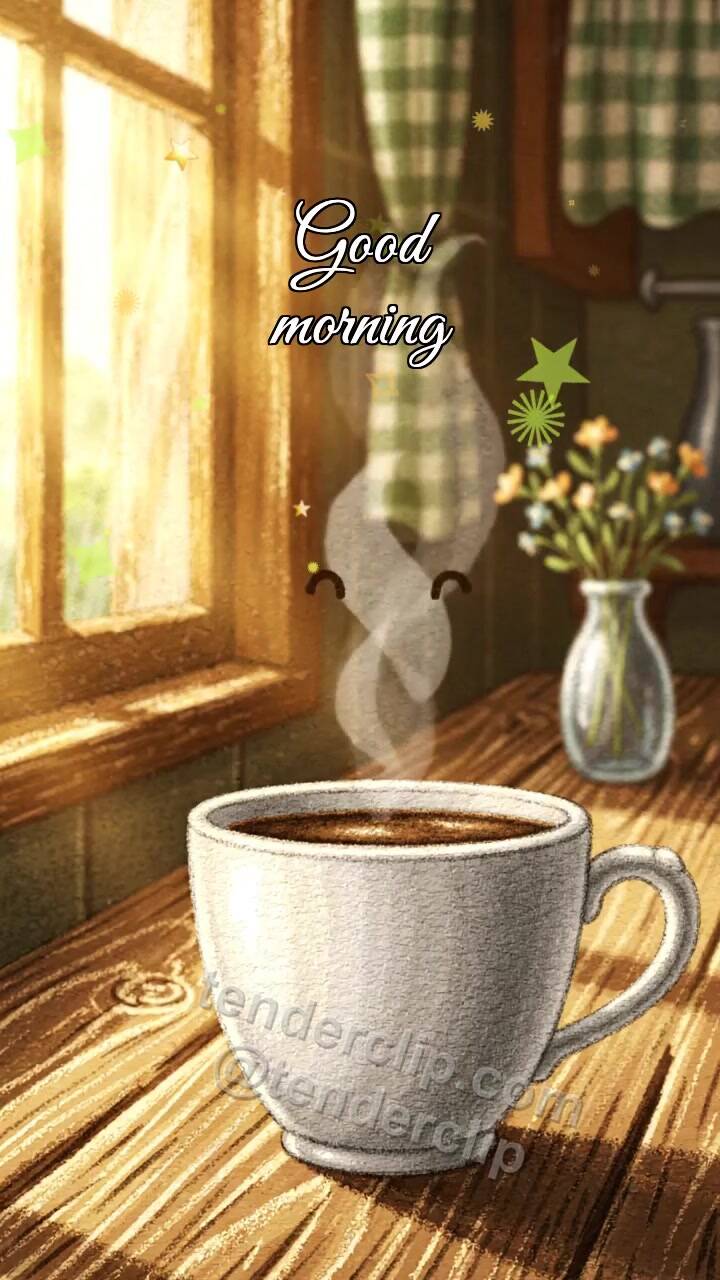 Animated greeting card about Good morning: coffee steam draws a smile