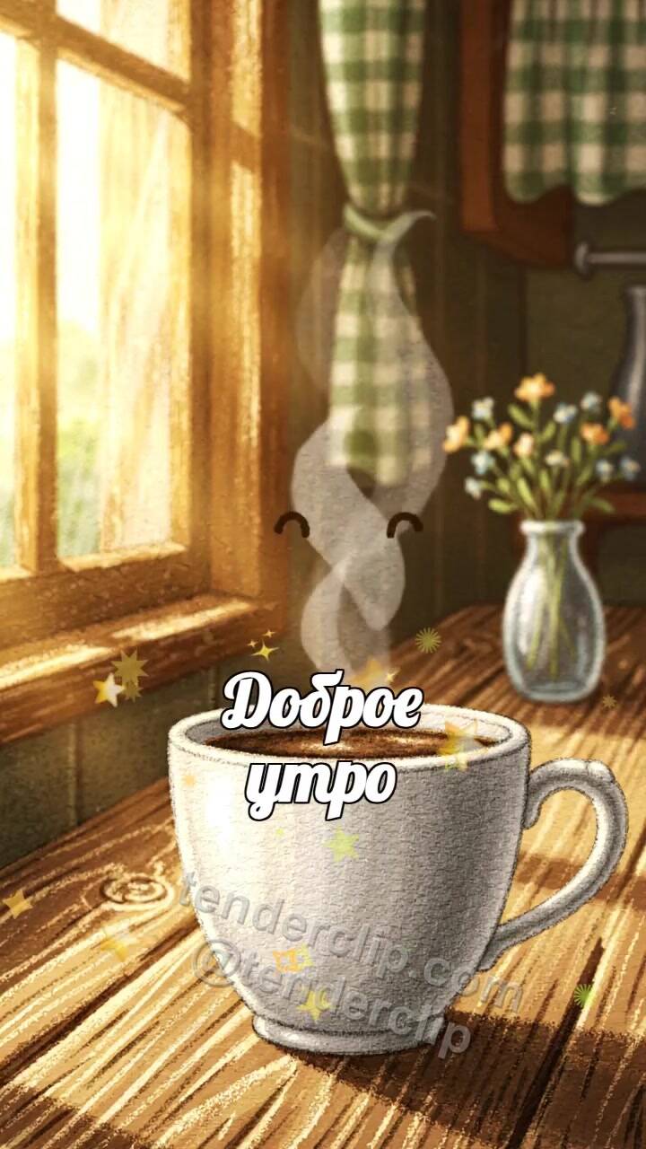 Анимационная открытка на тему Доброе утро: пар от кофе рисует улыбку