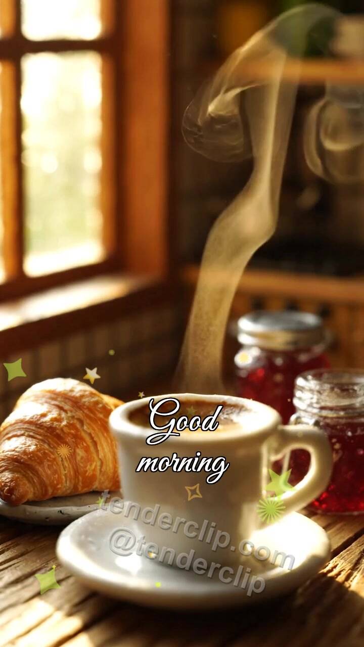 Animated greeting card about Good morning: coffee steam draws a smile