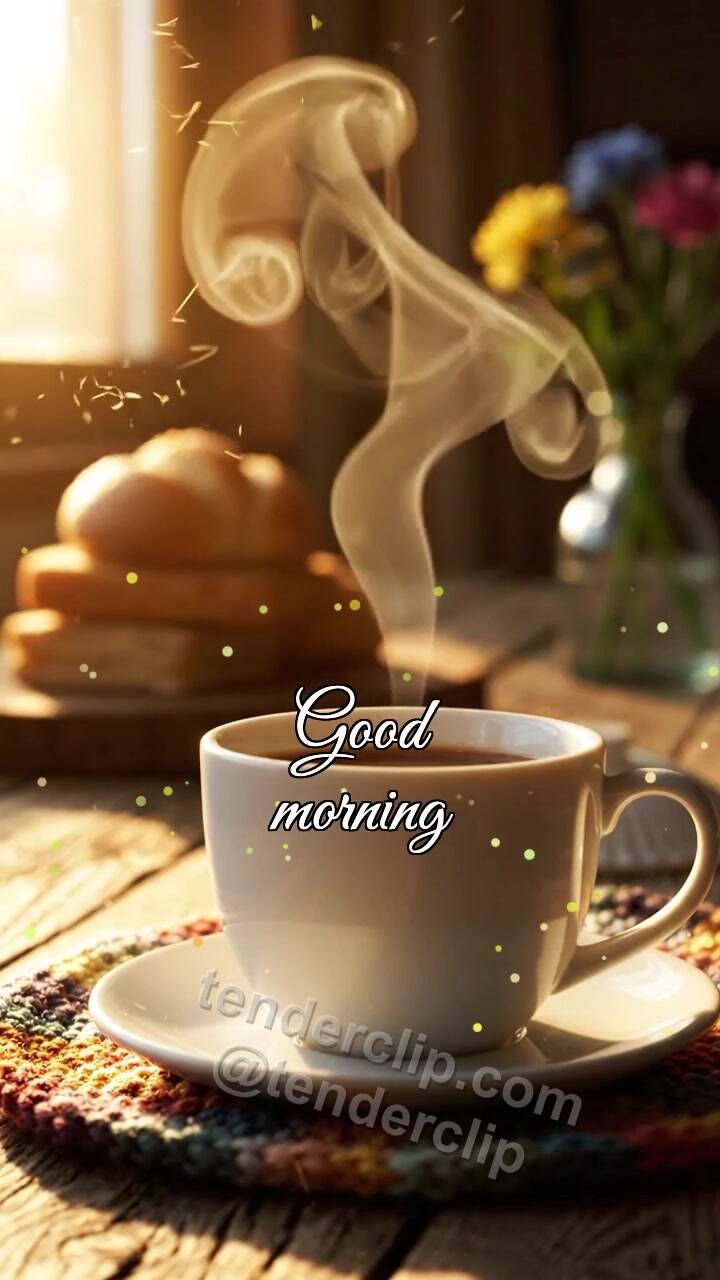 Animated greeting card about Good morning: coffee steam draws a smile