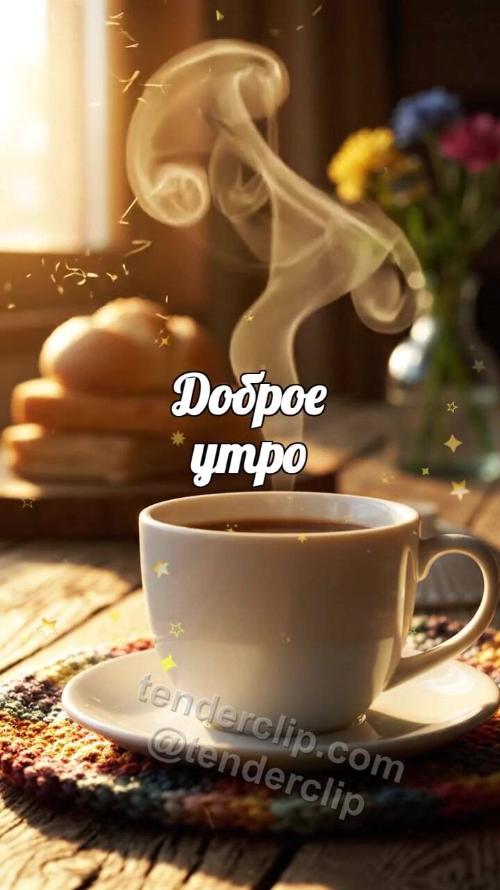 Анимационная открытка на тему Доброе утро: пар от кофе рисует улыбку