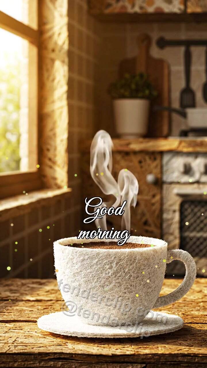 Animated greeting card about Good morning: coffee steam draws a smile