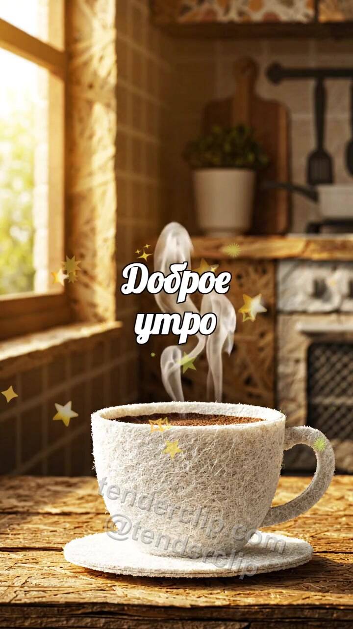Анимационная открытка на тему Доброе утро: пар от кофе рисует улыбку