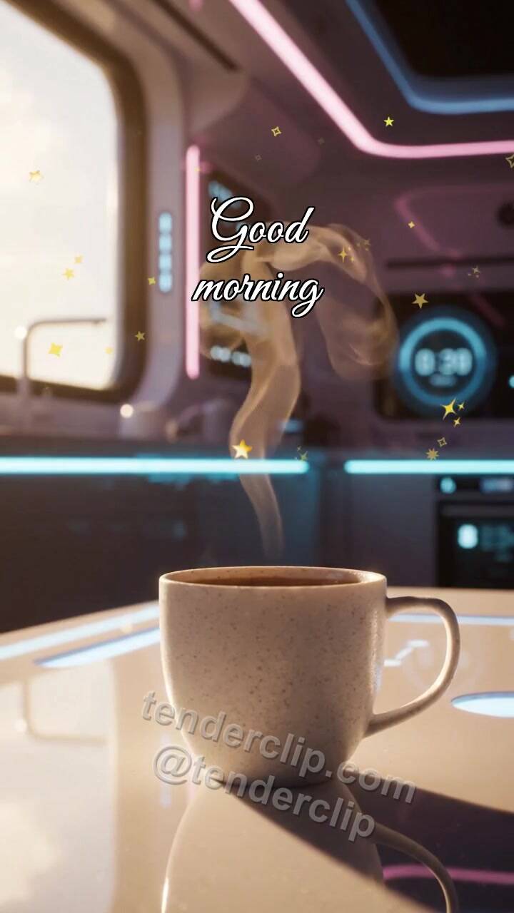 Animated greeting card about Good morning: coffee steam draws a smile