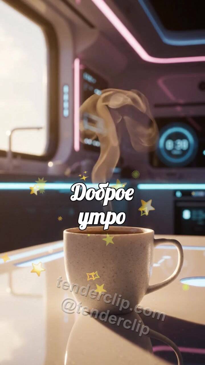 Анимационная открытка на тему Доброе утро: пар от кофе рисует улыбку