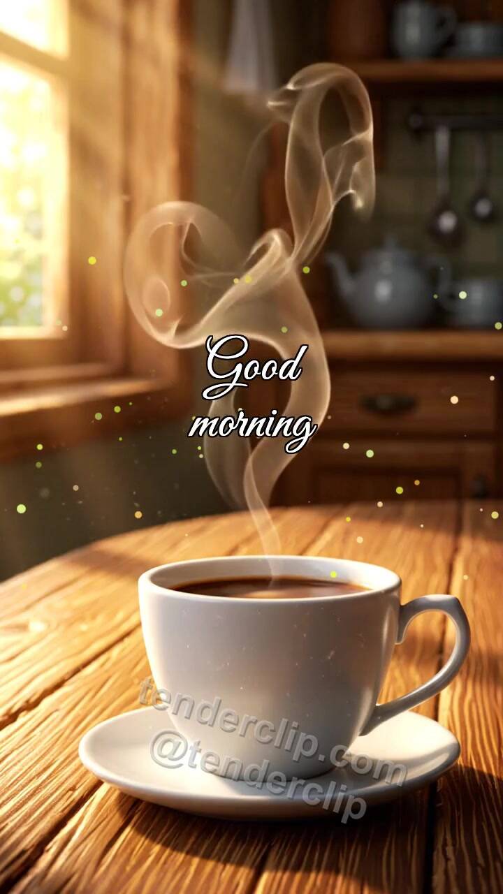Animated greeting card about Good morning: coffee steam draws a smile