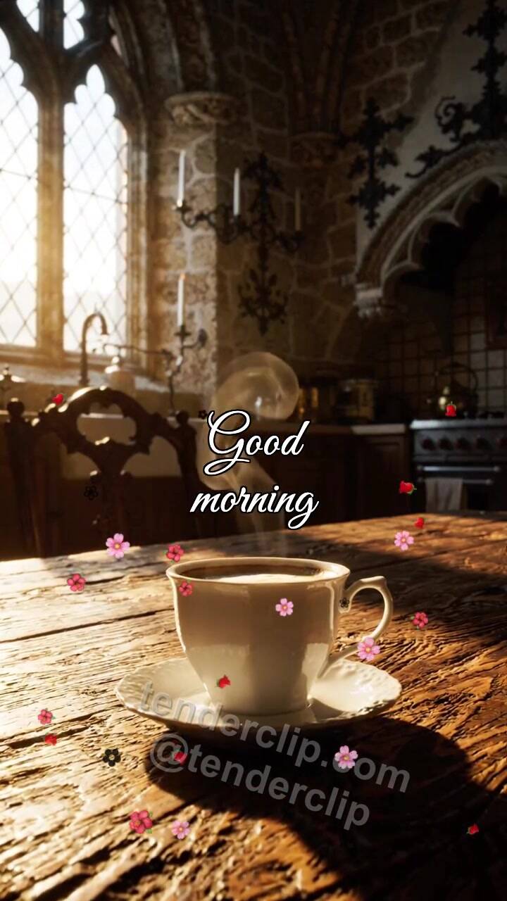 Animated greeting card about Good morning: coffee steam draws a smile