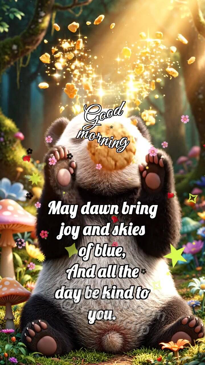 Animated greeting card about Good morning: Panda Cub With Sunny Cookie