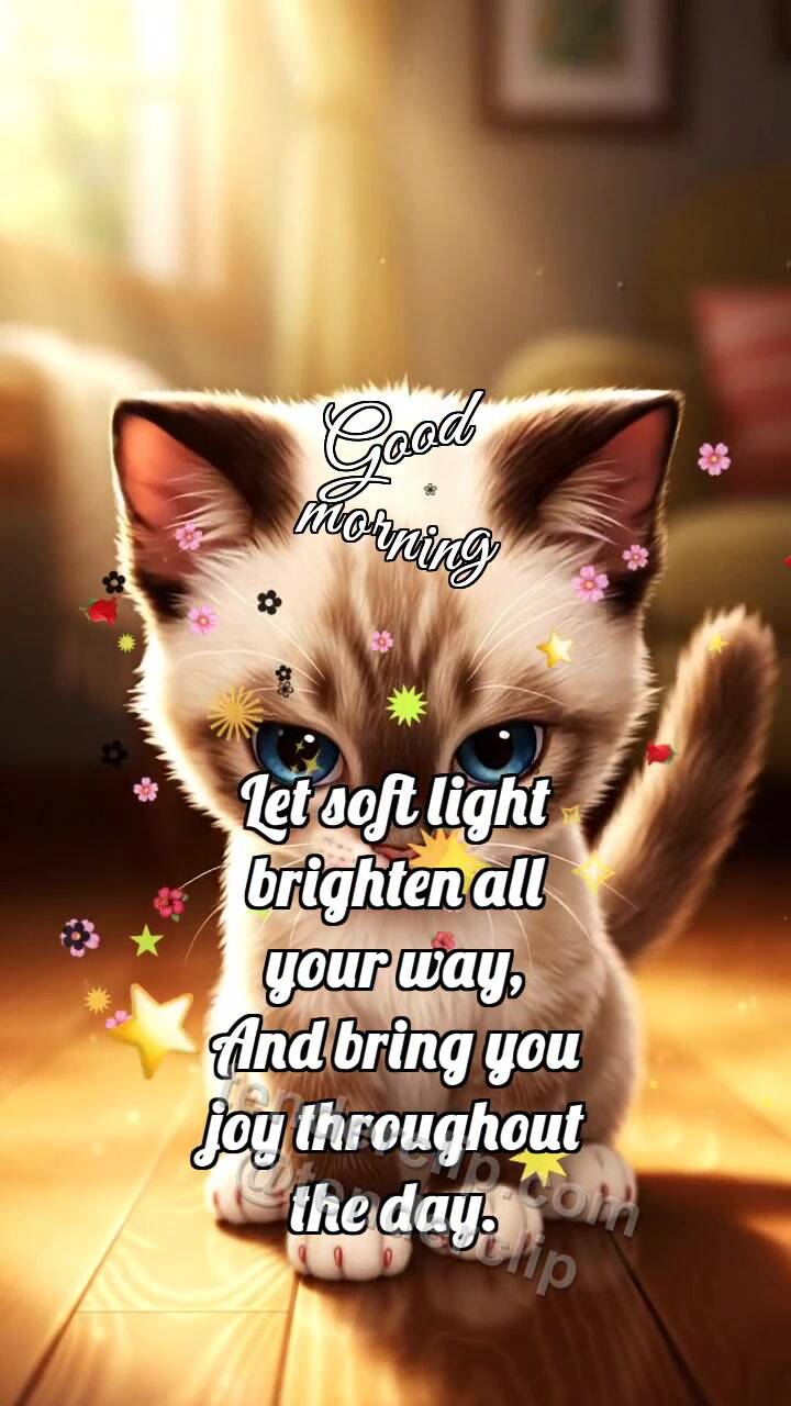 Animated greeting card about Good morning: Kitten Catches Sun