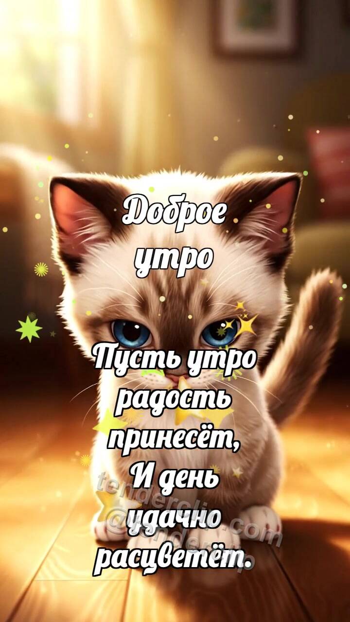 Анимационная открытка на тему Доброе утро: Котёнок ловит солнце