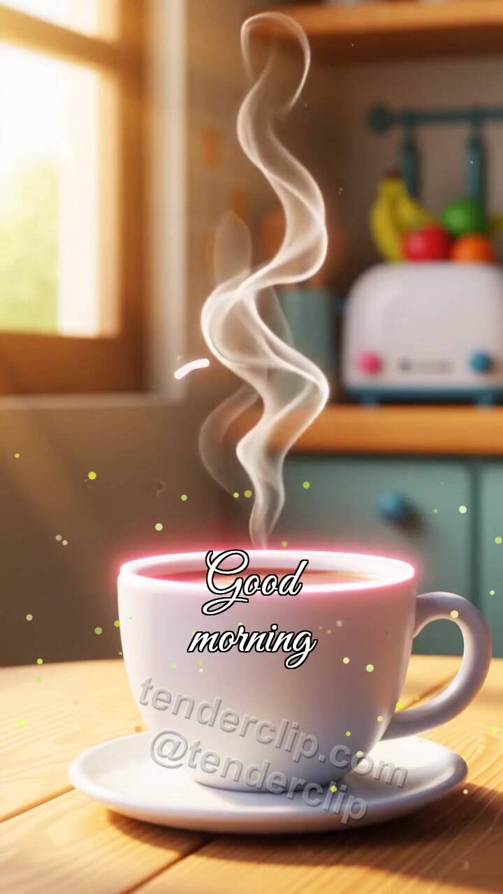 Animated greeting card about Good morning: coffee steam draws a smile