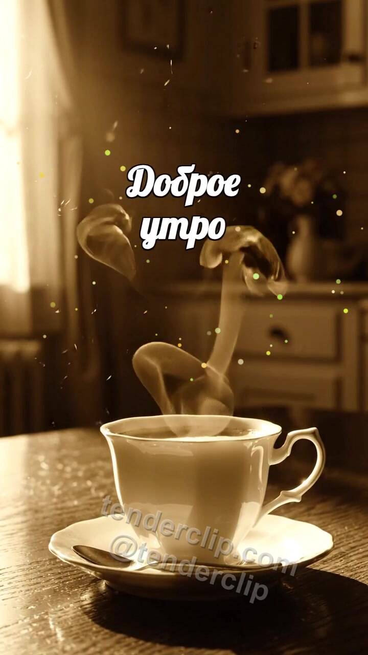 Анимационная открытка на тему Доброе утро: пар от кофе рисует улыбку