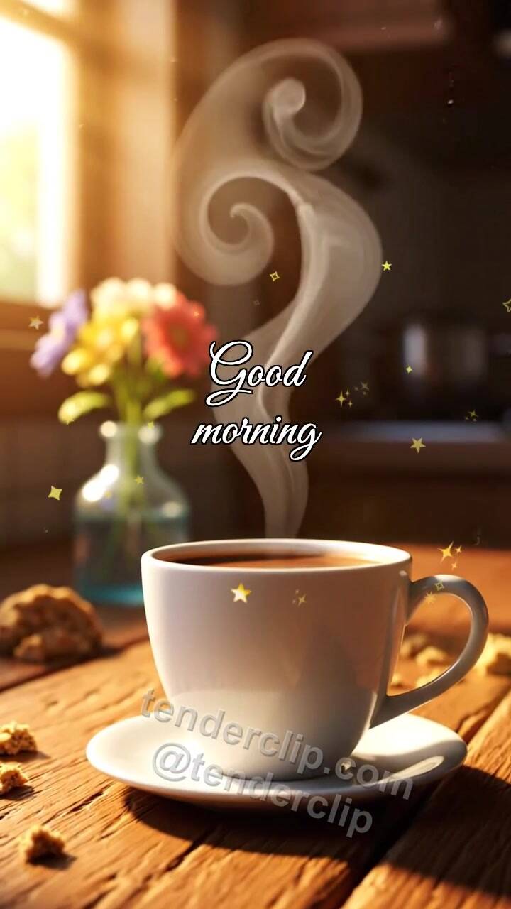 Animated greeting card about Good morning: coffee steam draws a smile