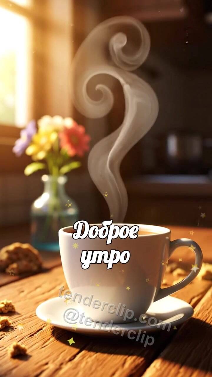 Анимационная открытка на тему Доброе утро: пар от кофе рисует улыбку