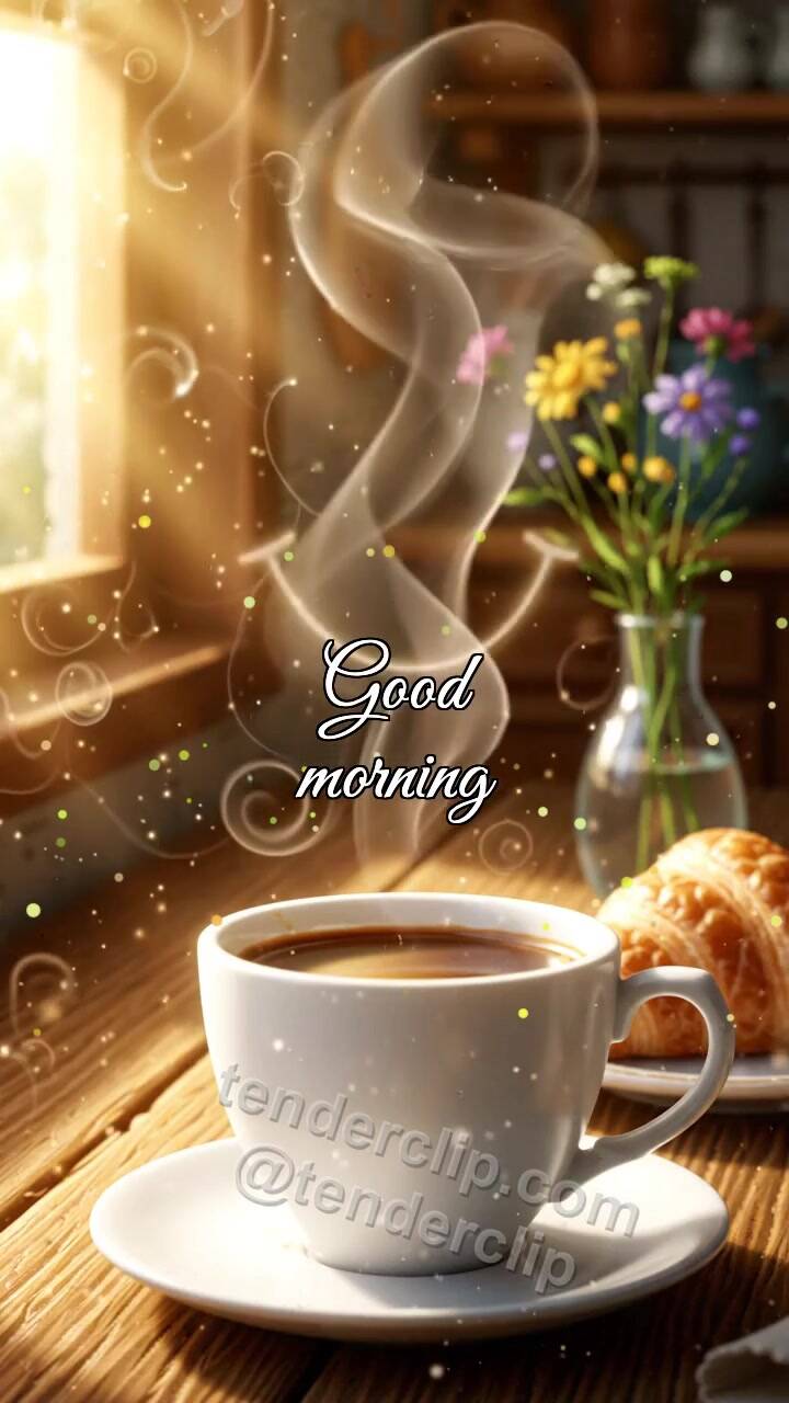 Animated greeting card about Good morning: coffee steam draws a smile