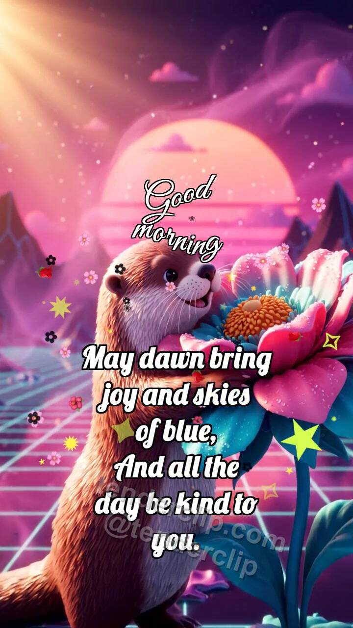 Animated greeting card about Good morning: Otter Hugs Flower