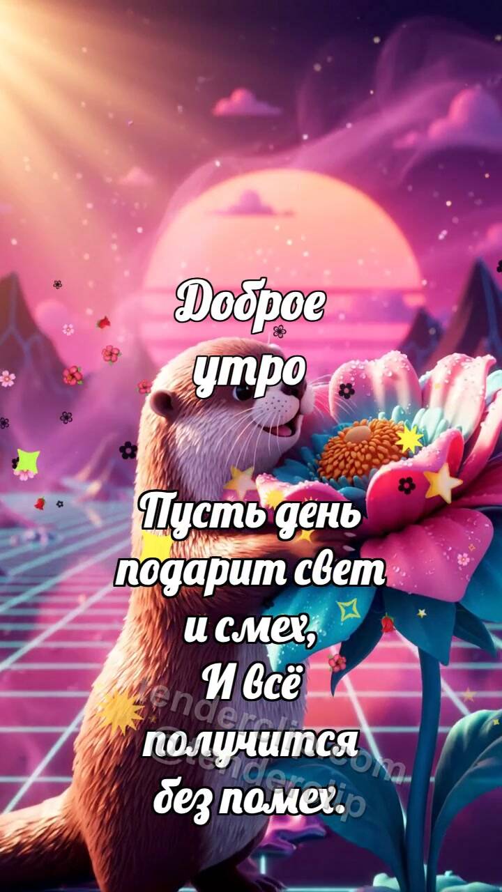 Анимационная открытка на тему Доброе утро: Выдра в обнимку с цветком