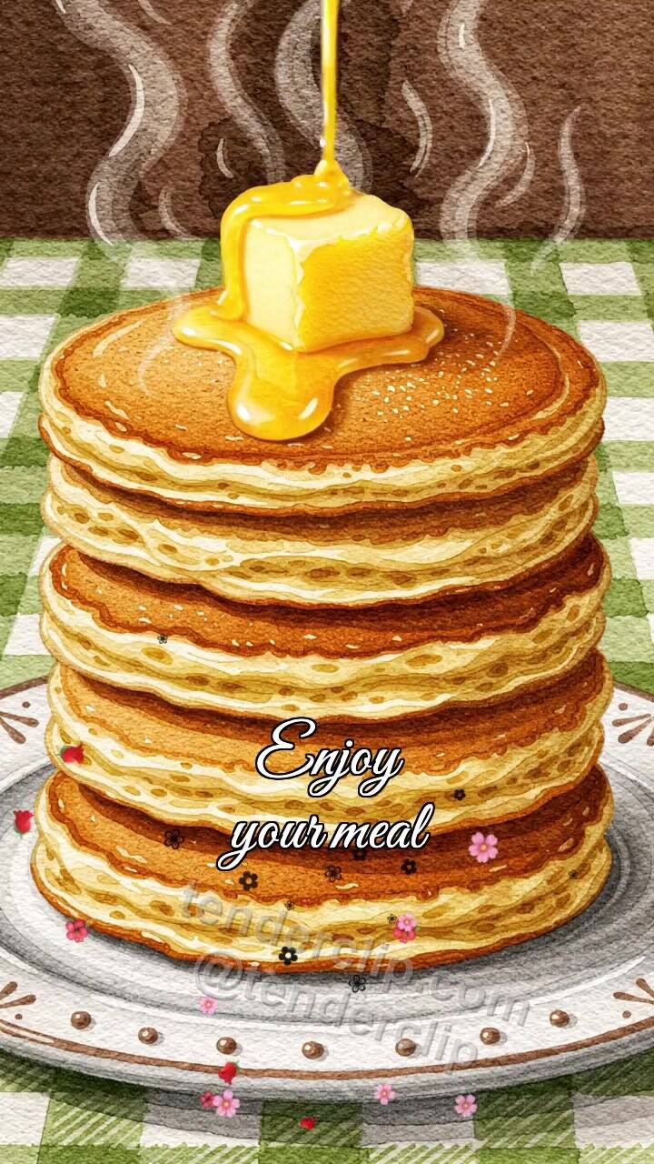 Animated greeting card about Enjoy your meal: butter melts on pancake stack