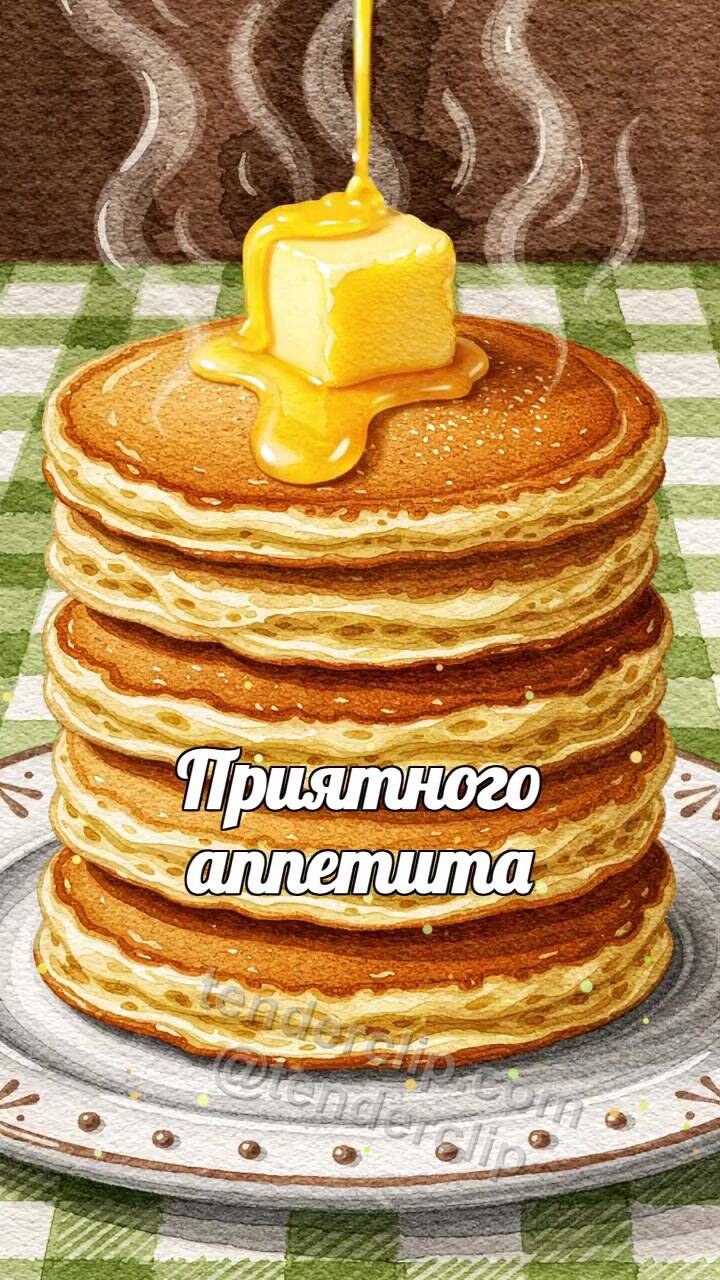 Анимационная открытка на тему Приятного аппетита: масло тает на стопке блинов