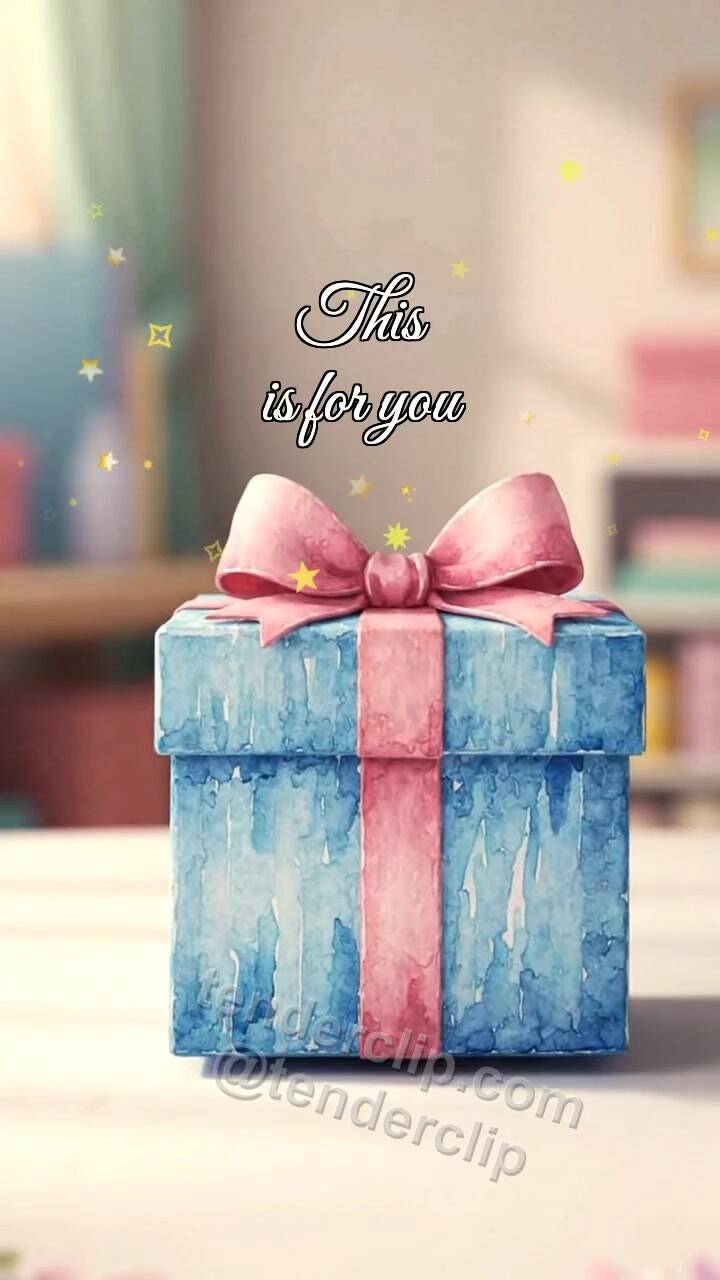 Animated greeting card about This is for you: small gift moves toward camera