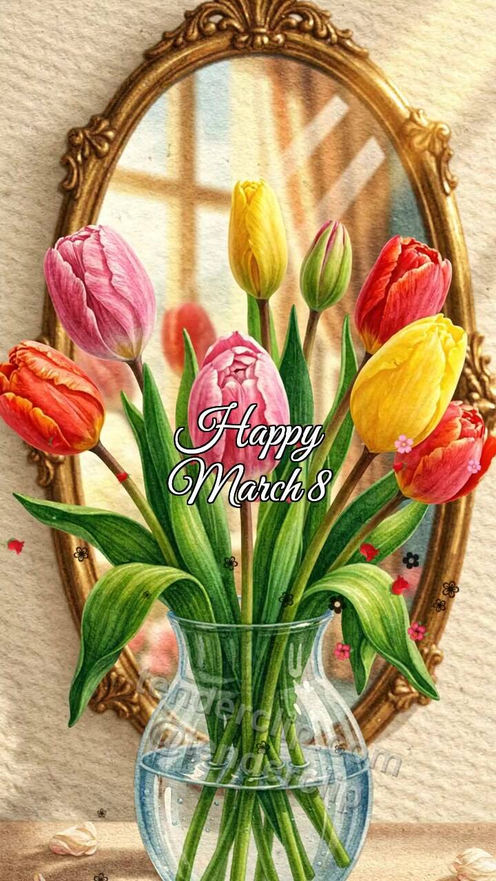 Animated greeting card about Happy March 8: tulips open in front of a mirror