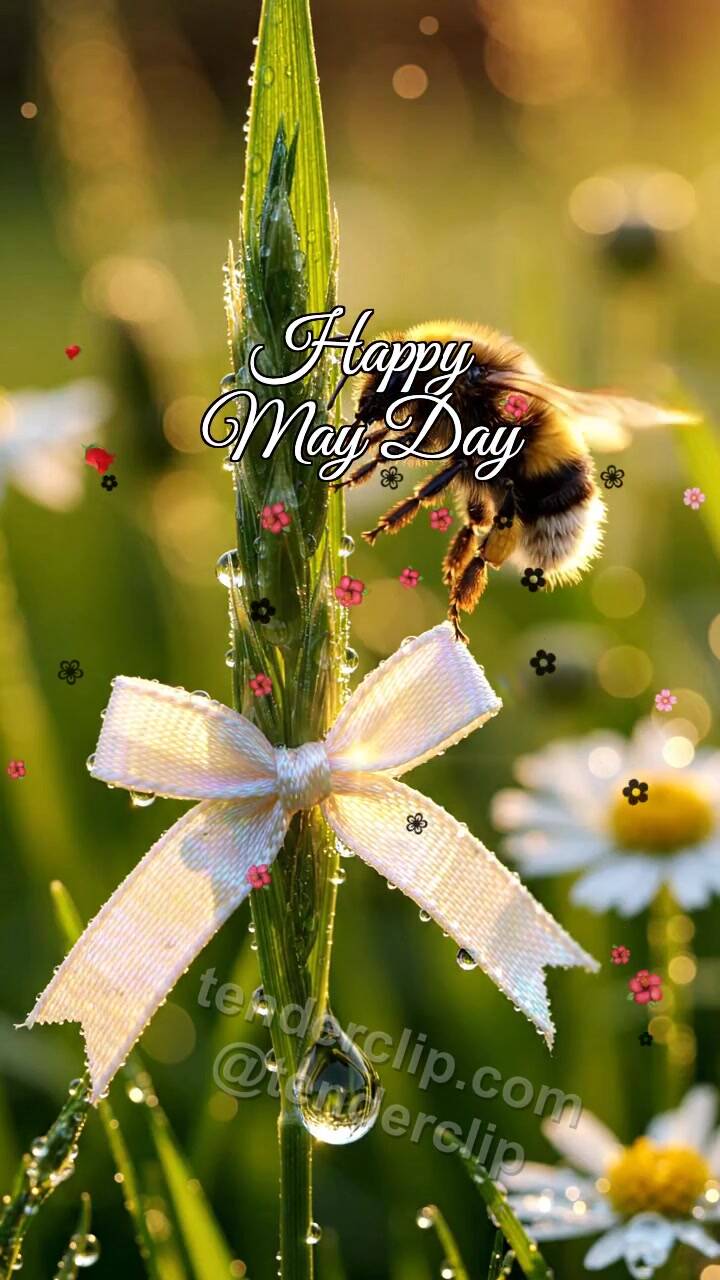Animated greeting card about Happy May Day: Meadow Ribbon Greets Bee