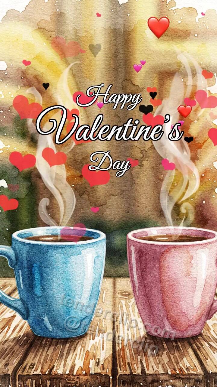 Animated greeting card about Happy Valentine’s Day: two cups make heart steam