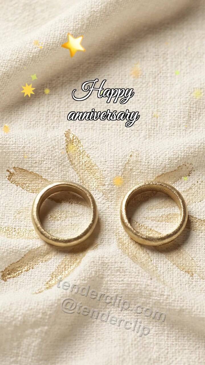 Animated greeting card about Happy anniversary: two rings meet on fabric