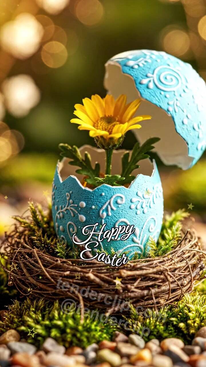 Animated greeting card about Happy Easter: easter egg reveals a spring flower