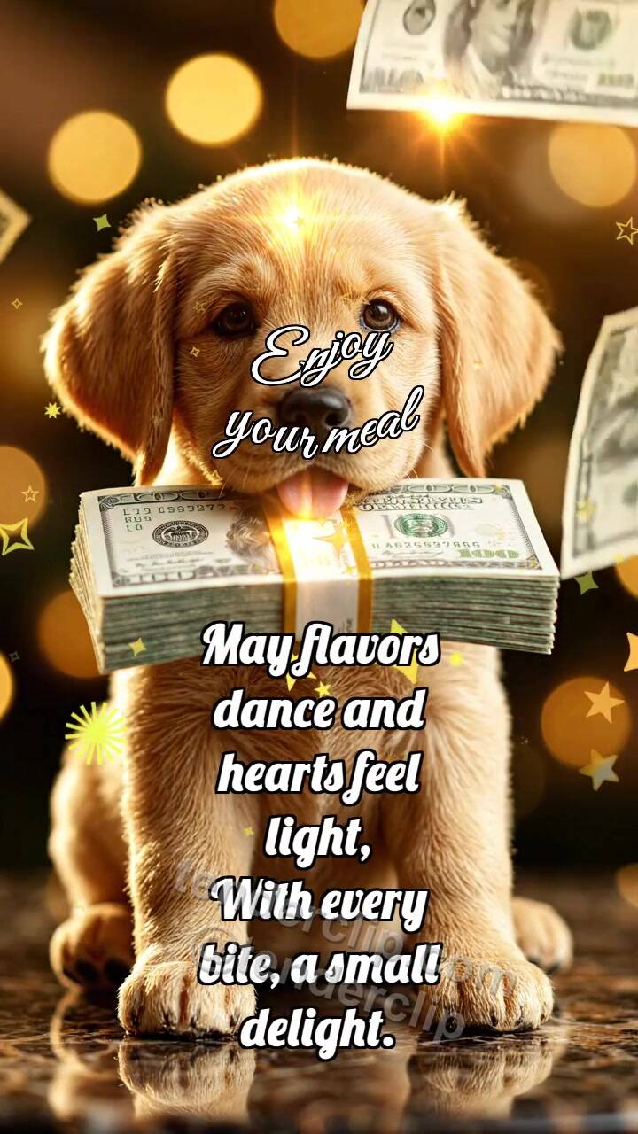 Animated greeting card about Enjoy your meal: Puppy Holds Cash