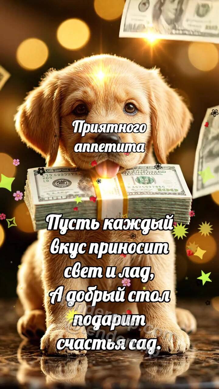 Анимационная открытка на тему Приятного аппетита: Щенок со стопкой денег