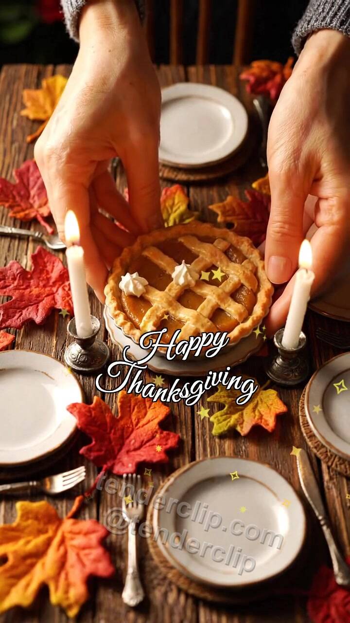Animated greeting card about Happy Thanksgiving: pumpkin pie lands at the table center