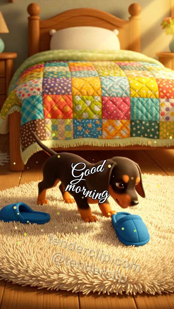 Animated greeting card about Good morning: a puppy brings slippers