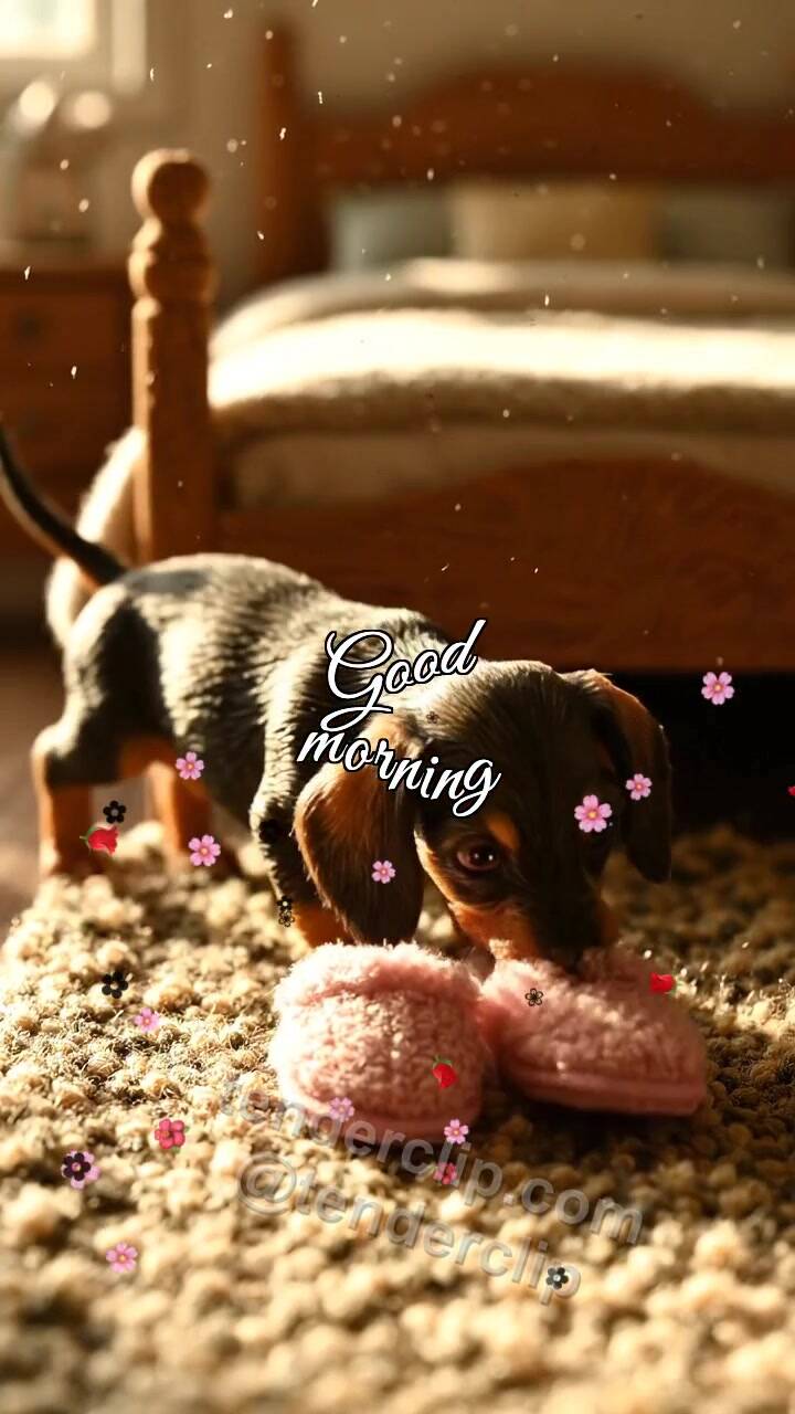 Animated greeting card about Good morning: a puppy brings slippers