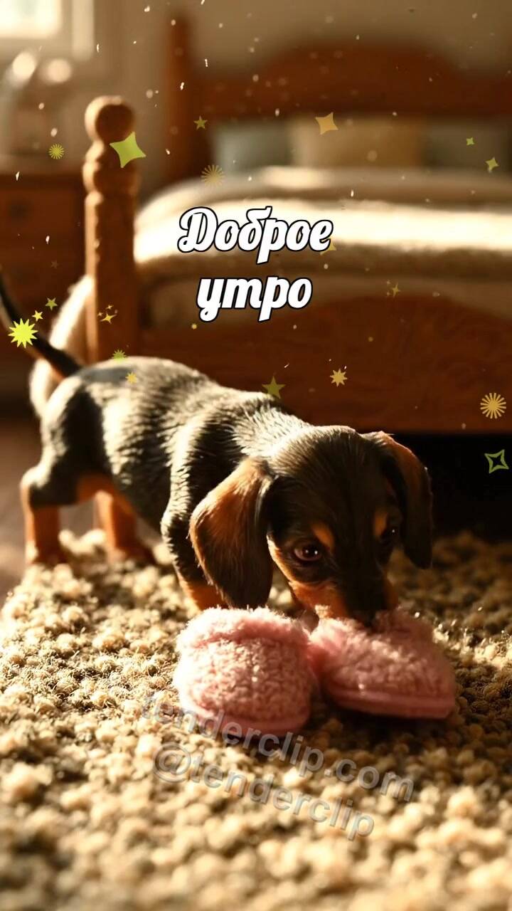 Анимационная открытка на тему Доброе утро: щенок приносит тапочки