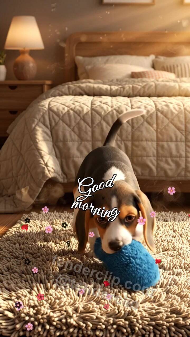 Animated greeting card about Good morning: a puppy brings slippers