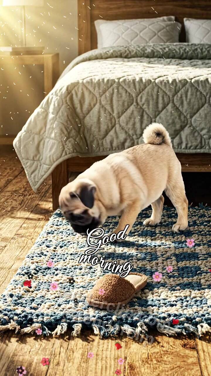 Animated greeting card about Good morning: a puppy brings slippers