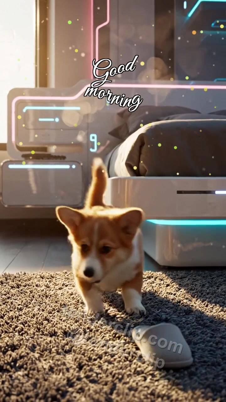 Animated greeting card about Good morning: a puppy brings slippers