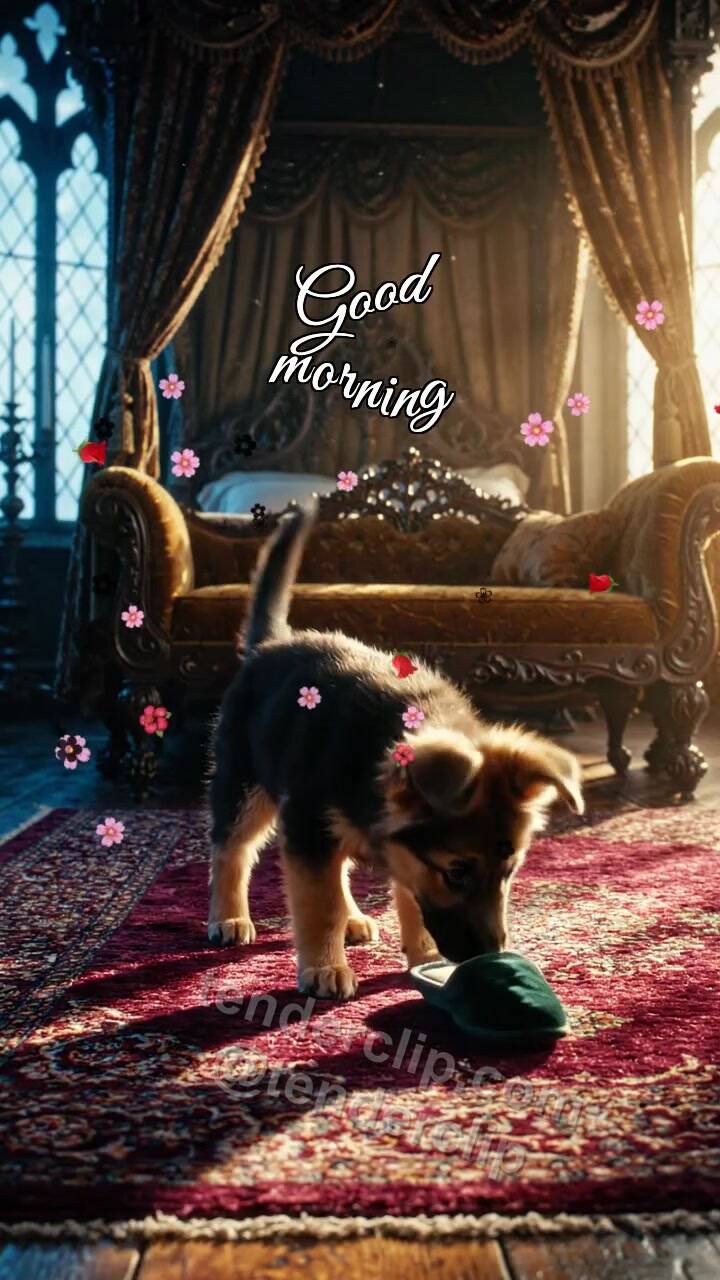 Animated greeting card about Good morning: a puppy brings slippers