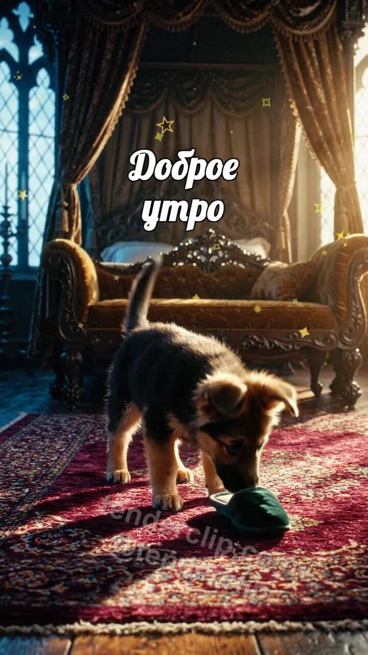 Анимационная открытка на тему Доброе утро: щенок приносит тапочки