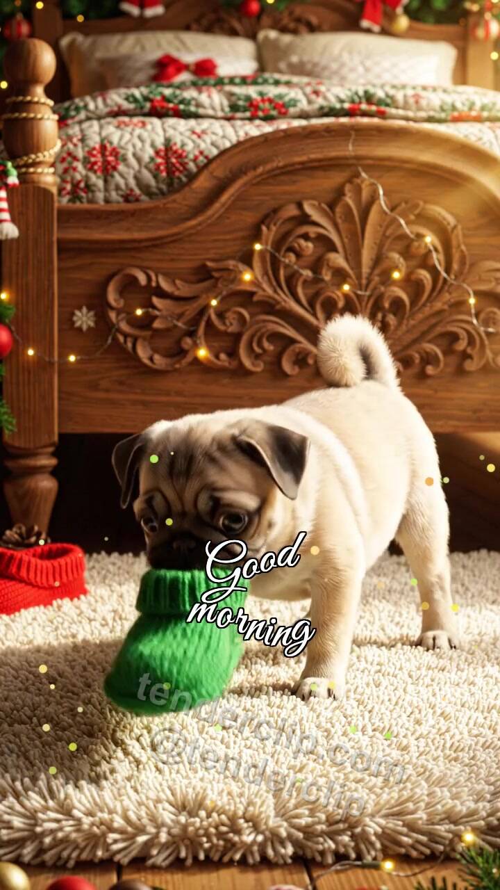 Animated greeting card about Good morning: a puppy brings slippers