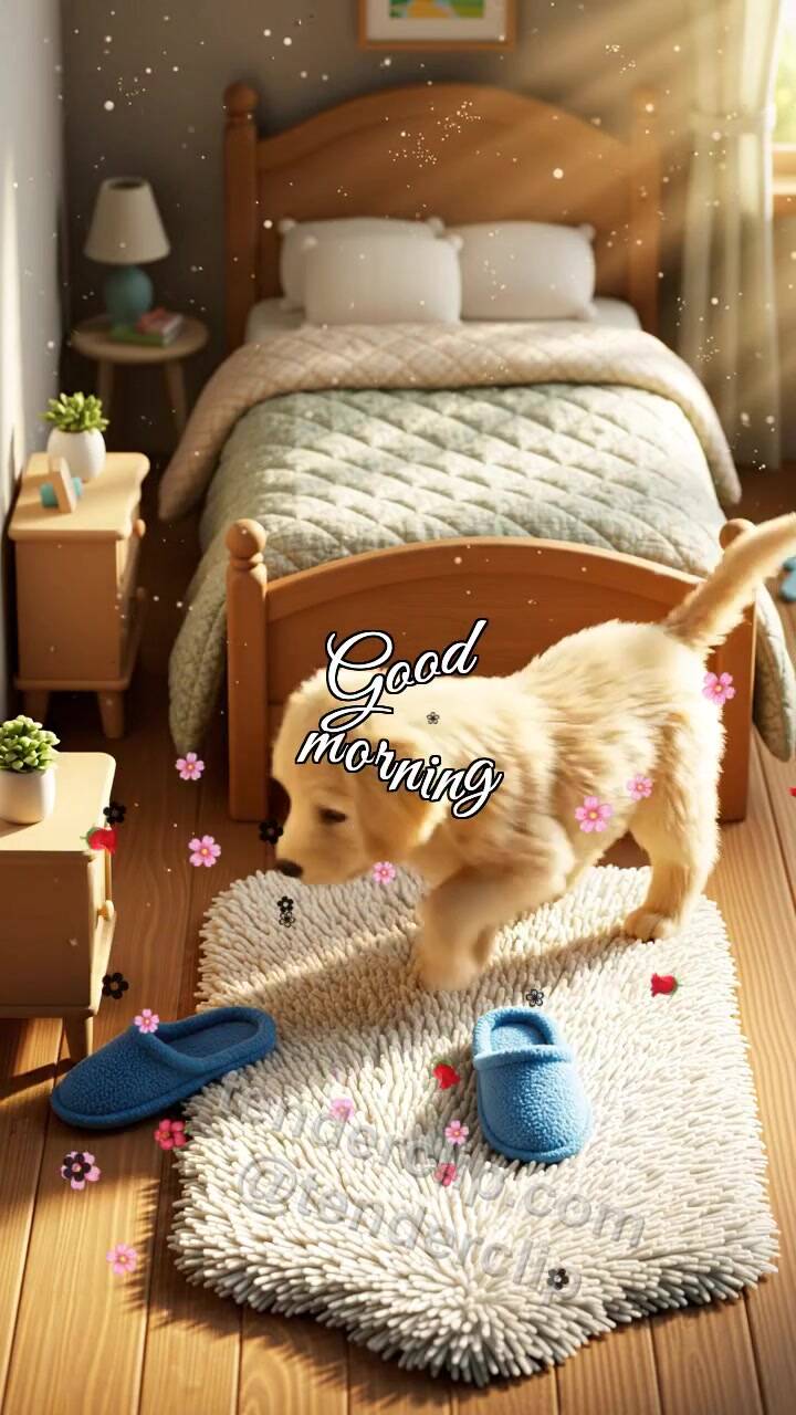 Animated greeting card about Good morning: a puppy brings slippers