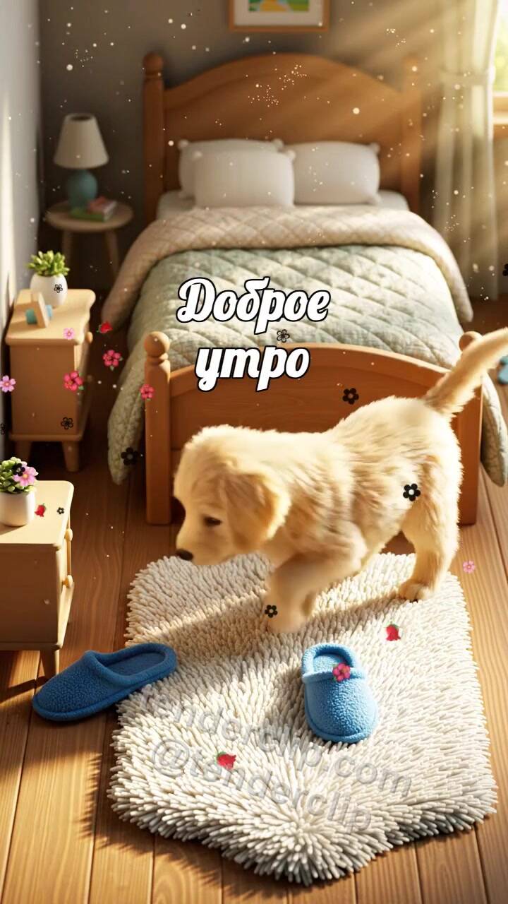 Анимационная открытка на тему Доброе утро: щенок приносит тапочки