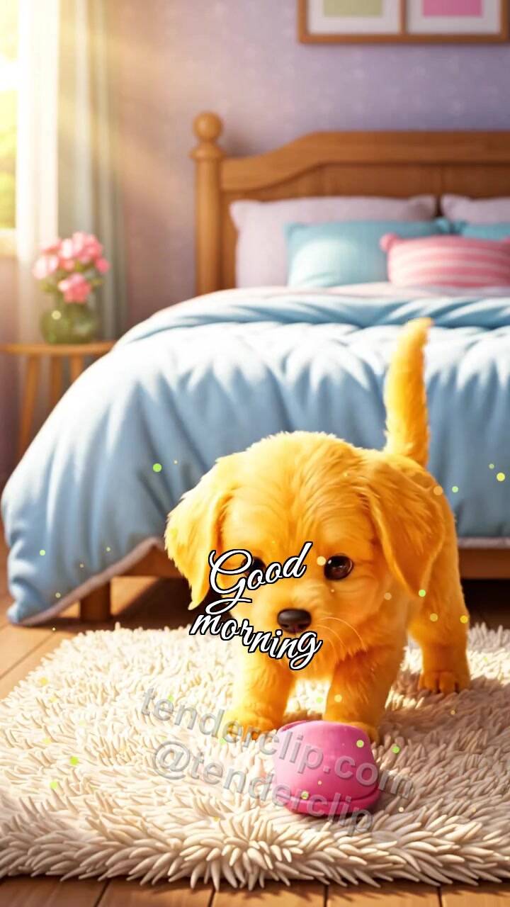 Animated greeting card about Good morning: a puppy brings slippers