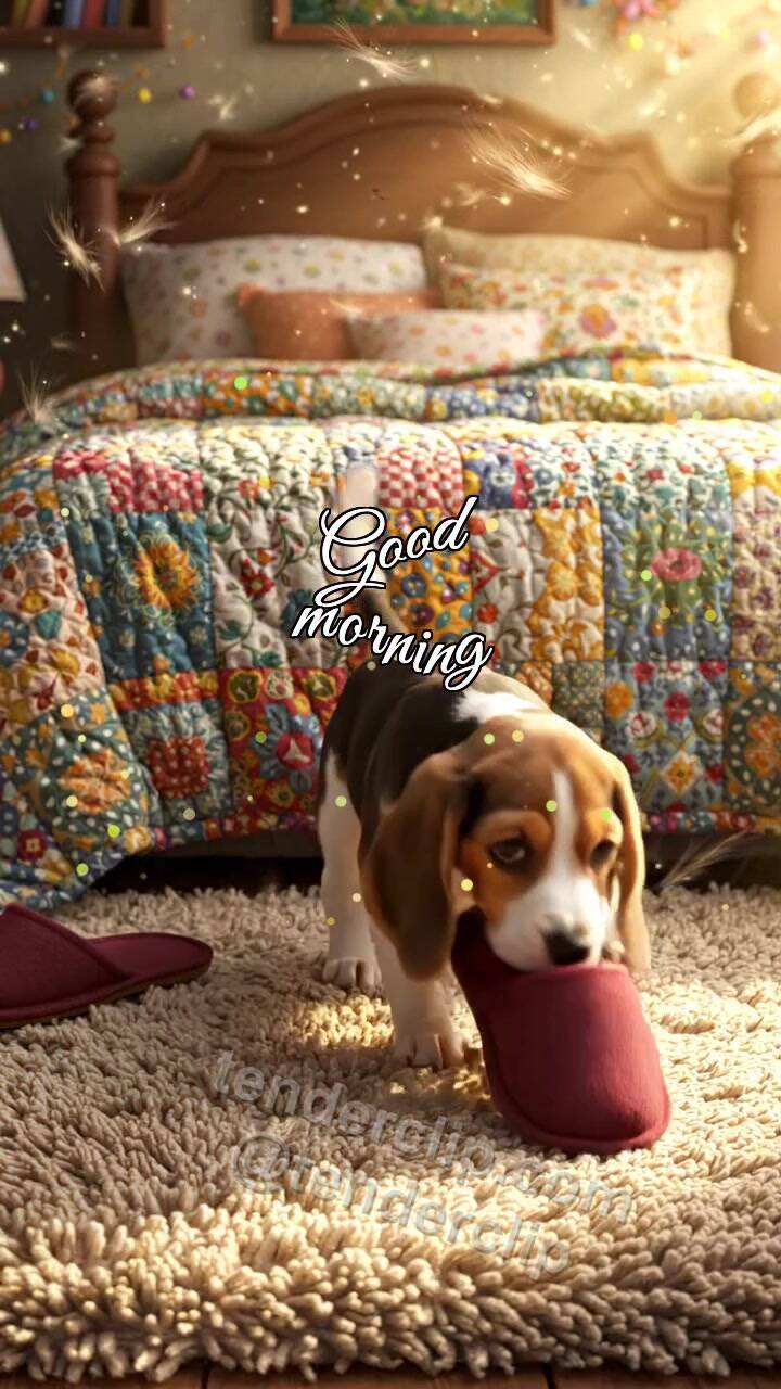 Animated greeting card about Good morning: a puppy brings slippers